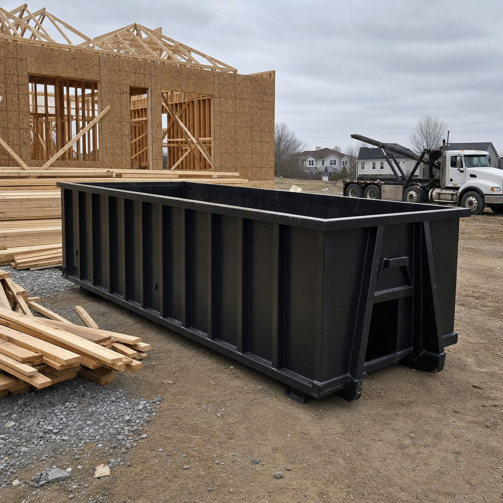 Matte-black 40-yard roll-off dumpster staged on a framed-out residential construction site in Queens, framing lumber stacked nearby, hooklift delivery truck visible in the background under bright Colorado daylight