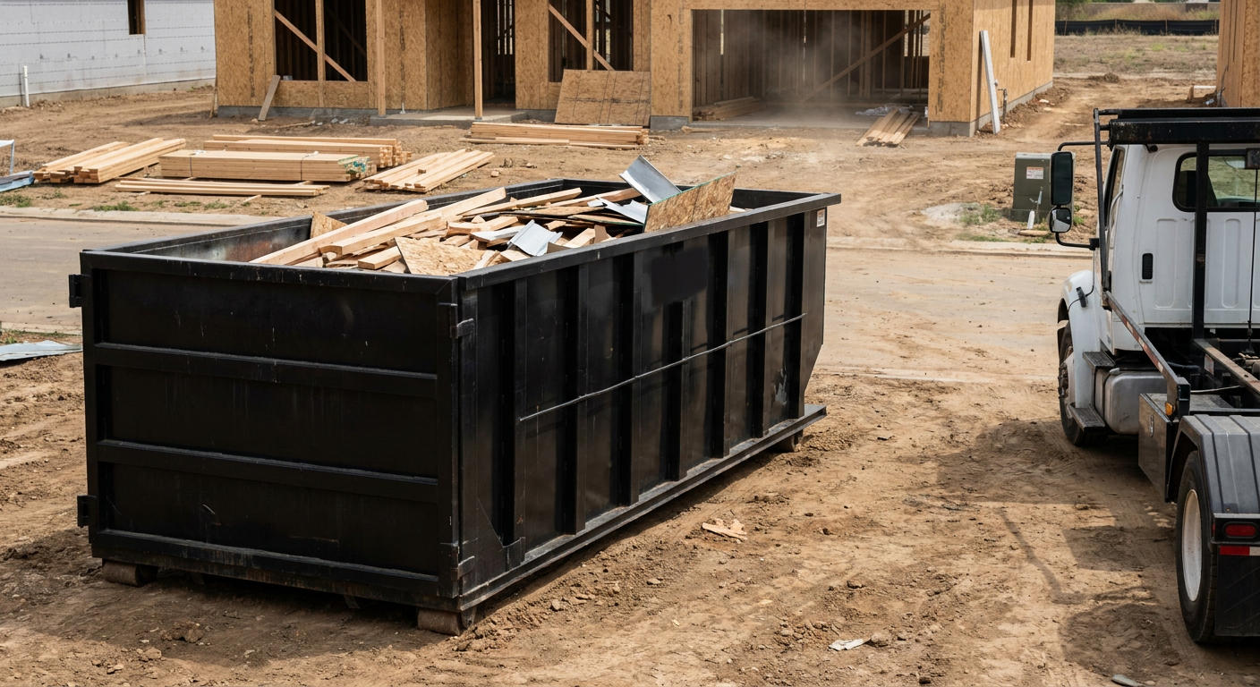 Matte-black 20-yard roll-off construction dumpster with heavy ribbed steel sidewalls and swing rear doors at a working jobsite in Queens, sitting directly on compacted dirt with an unmarked white hauler partially visible at the far edge of the frame.