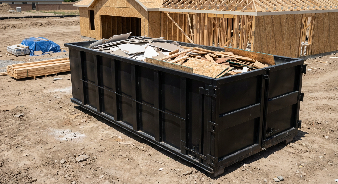 Matte-black 30-yard roll-off construction dumpster sitting directly on the compacted-dirt site of a framed single-family home build in Queens, drywall and lumber scrap loaded inside.