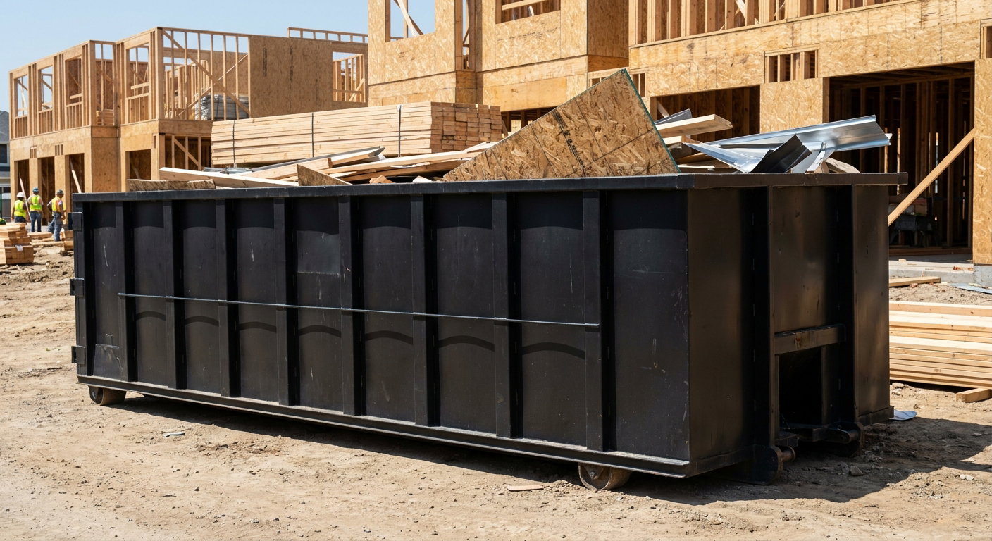 Matte-black 40-yard roll-off construction dumpster being lowered from a white-cab hooklift delivery truck onto the compacted-dirt jobsite at a commercial build site in Queens
