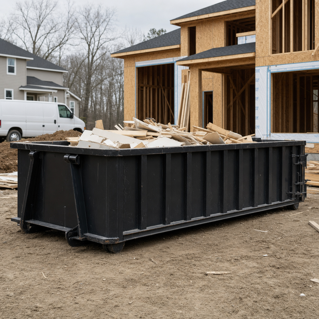 Worker in a yellow high-visibility vest tossing framing lumber and broken drywall into a matte-black 30-yard construction roll-off dumpster on an active build site in Queens, bright daylight