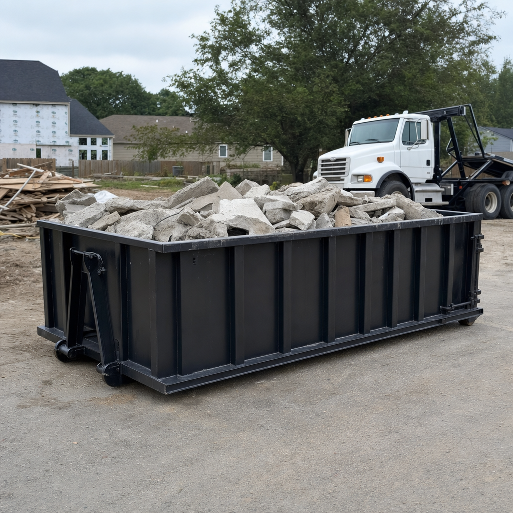 Low-profile matte-black lowboy roll-off dumpster loaded with broken concrete slab and rebar at a foundation tear-out in Queens, skid steer parked beside it, sunny Colorado morning