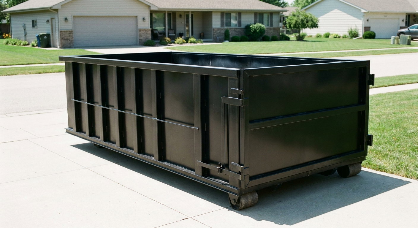Matte-black 10-yard roll-off dumpster on a residential concrete driveway in Queens, uniformly painted matte black across every panel and rail, ribbed steel sidewalls and rear swing door visible, mid-day daylight.