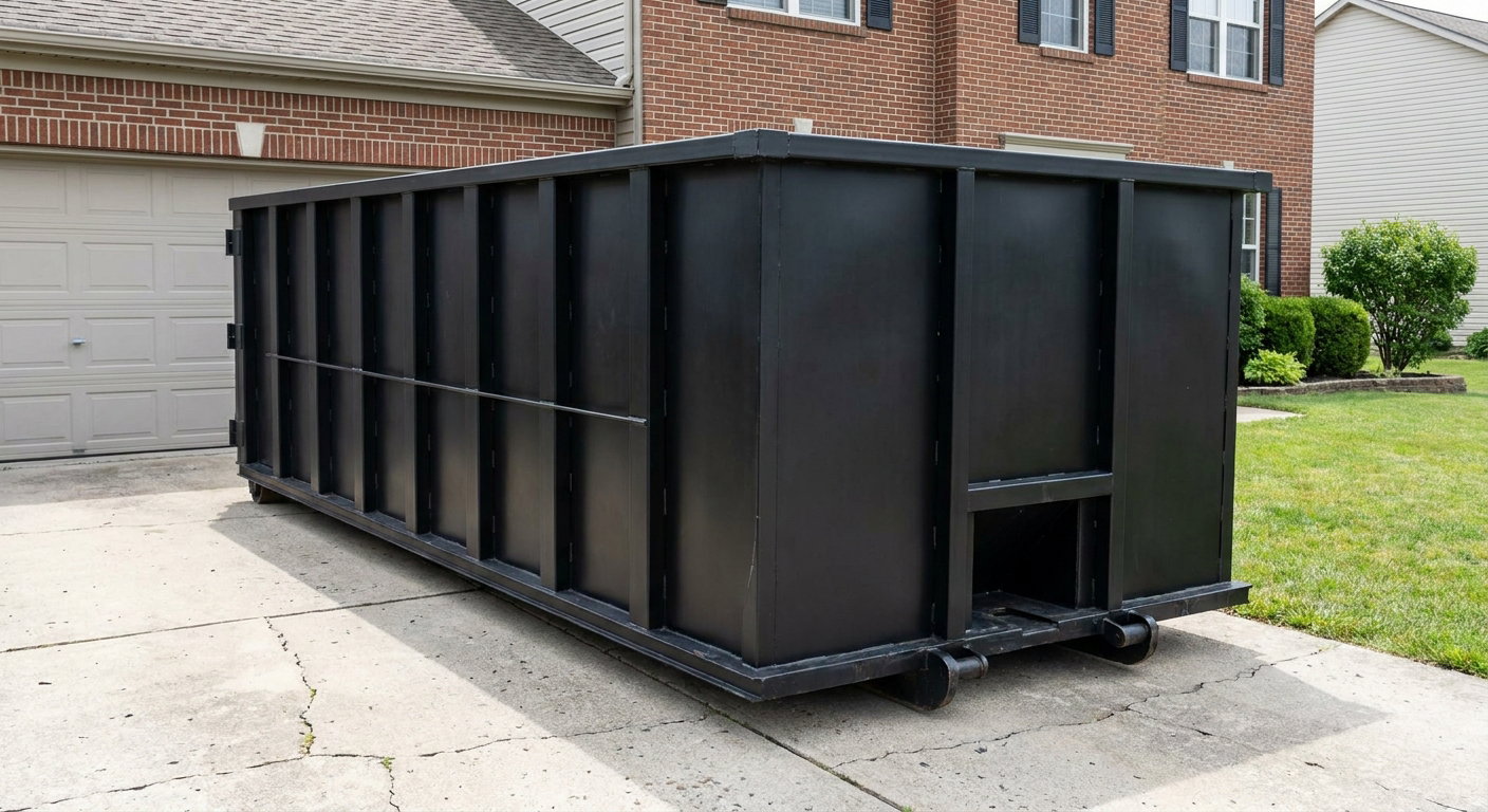 Matte-black 20-yard roll-off container on a Queens residential concrete driveway with reinforced ribbed steel sidewalls and a hinged rear walk-in door, clean bright daylight.