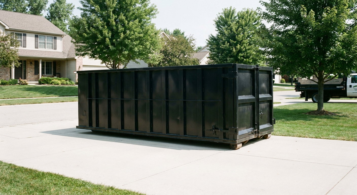 Matte-black 20-yard roll-off dumpster sitting level on a clean Queens residential concrete driveway under bright daylight, demonstrating clean placement directly on the concrete.