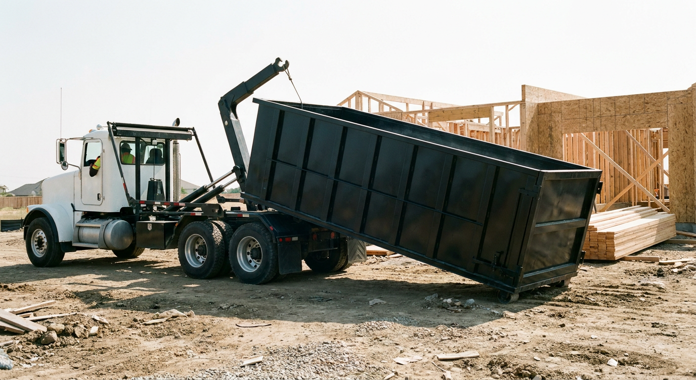 Matte-black roll-off dumpster being delivered onto a clean residential concrete driveway in Queens by an unmarked white hooklift hauler truck, bright morning daylight, documentary 35mm perspective.