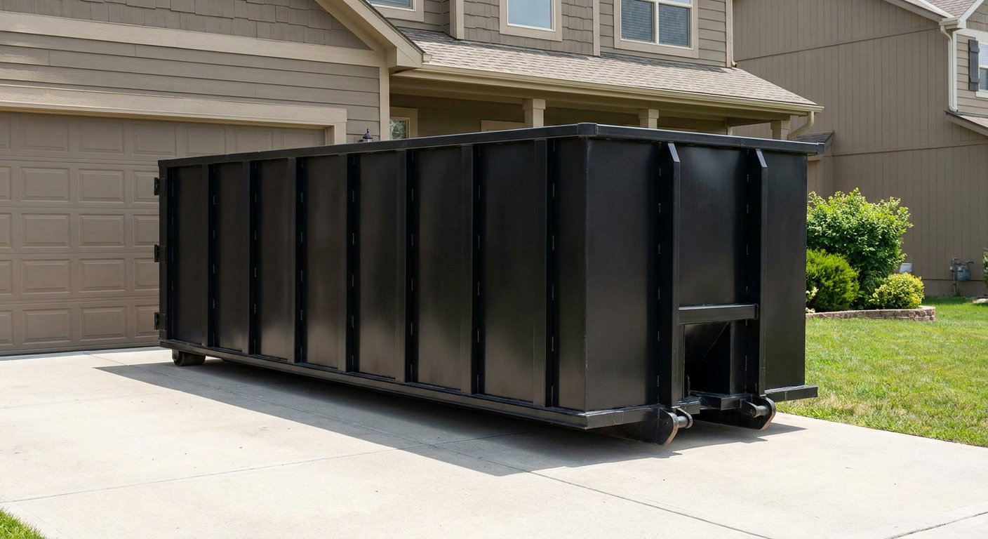 Matte-black residential roll-off dumpster sitting directly on a suburban Queens concrete driveway, garage door closed, single-family home in background, bright morning daylight.