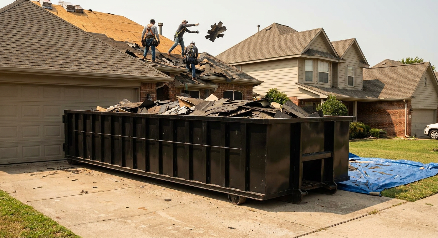 Matte-black roofing roll-off dumpster placed directly on a Queens residential concrete driveway, a tear-off crew on a two-story asphalt-shingle roof tossing shingle bundles into the low-walled container, bright daylight, documentary 35mm perspective.