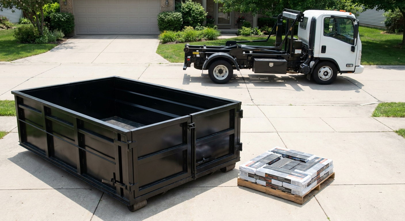 Matte-black 15-yard roofing roll-off dumpster with reinforced low side walls sitting directly on a Queens residential concrete driveway, three-tab asphalt shingle bundles stacked nearby, an unmarked white hauler truck partially visible at the edge of the frame.