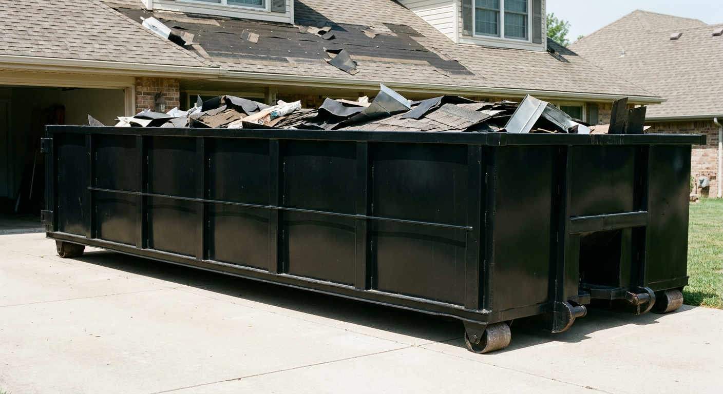 Matte-black 20-yard roofing roll-off dumpster with steel ribbed sides and swinging rear door, sitting directly on the concrete driveway of a two-story Queens home, asphalt shingle debris being loaded over the low wall, clean documentary lighting.