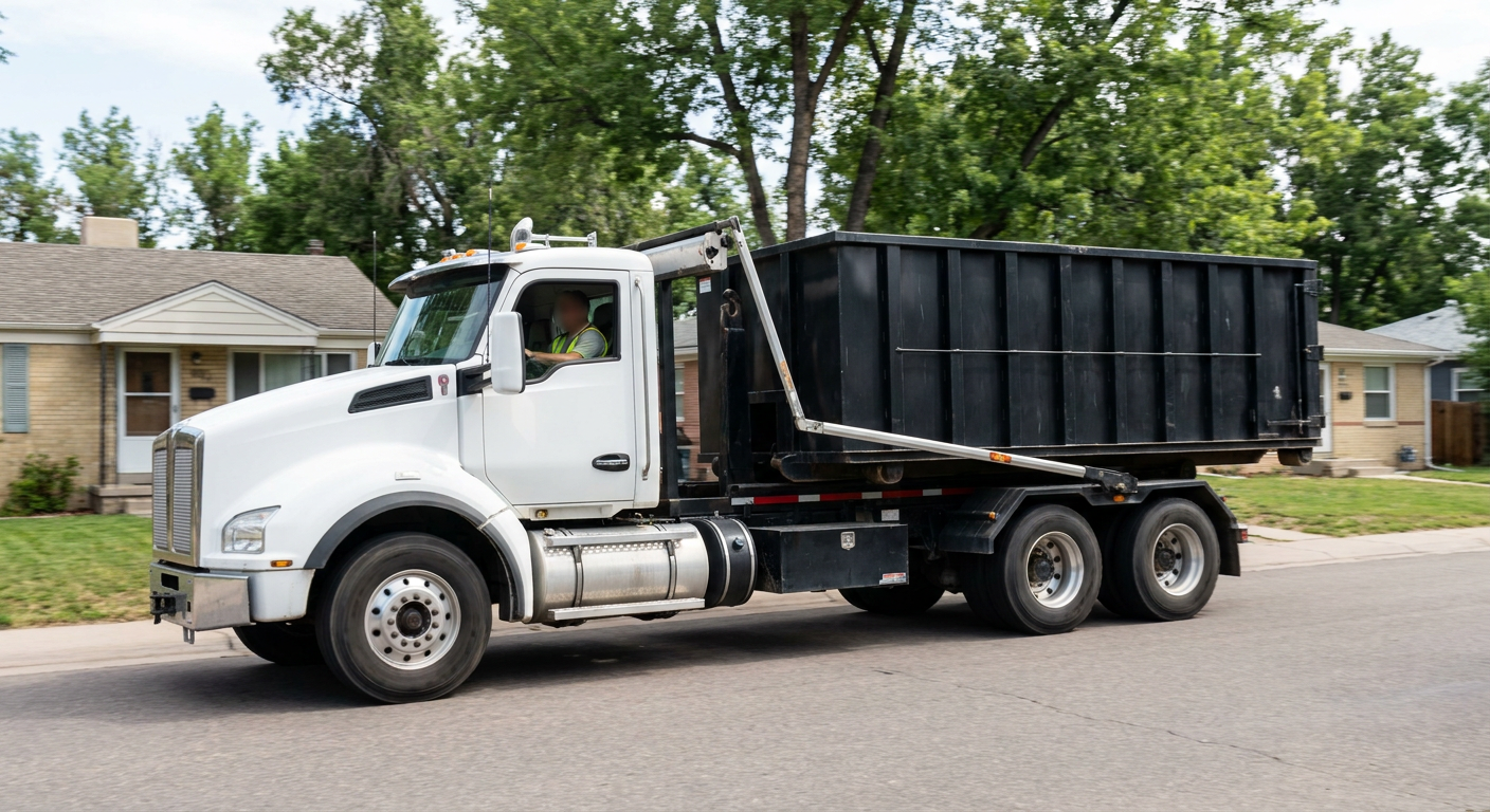 A wide documentary shot of a matte-black roll-off delivery truck pulling onto a quiet Queens residential street at mid-morning, with neighborhood rooftops and tree-lined blocks visible behind, showing the metro coverage footprint.