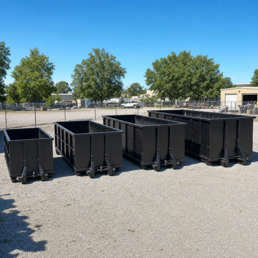 A clean lineup of matte-black roll-off dumpsters in 10, 20, 30, and 40-yard sizes staged on a sunlit gravel yard in Queens, showing the size progression from compact to commercial-scale containers.