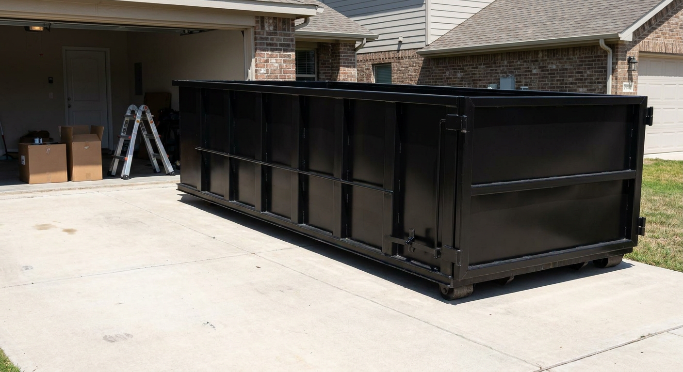 A matte-black 10-yard roll-off dumpster sitting directly on a residential Queens concrete driveway, mid-day sunlight, clean and ready for a garage cleanout.