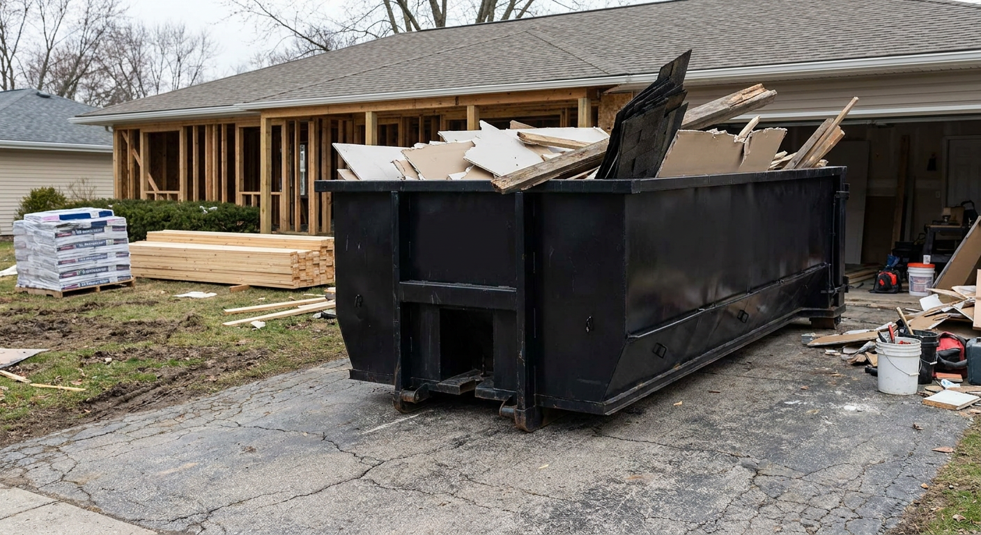 A matte-black 20-yard roll-off dumpster placed alongside a mid-renovation Queens home directly on the asphalt driveway, with framing materials and torn-off shingles staged neatly nearby.