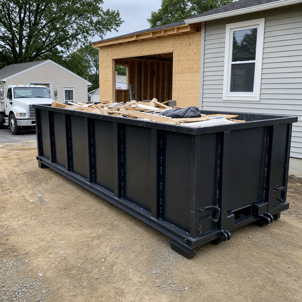 A matte-black 30-yard roll-off dumpster positioned at a Queens residential addition jobsite, with framing lumber and drywall scraps loaded through the open swinging rear doors.