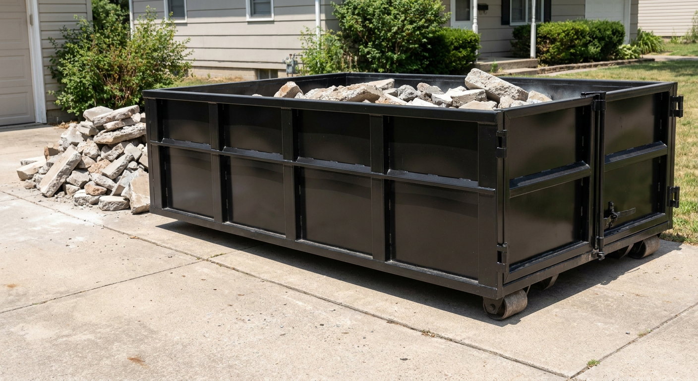 A matte-black low-side heavy-debris roll-off dumpster placed directly on a Queens concrete driveway, with broken concrete chunks neatly stacked beside it under clean daylight.